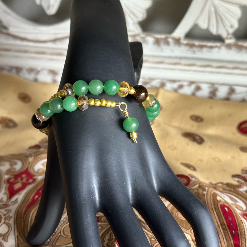 Elegant Tiger Eye, Green and Gold Beaded Bracelet